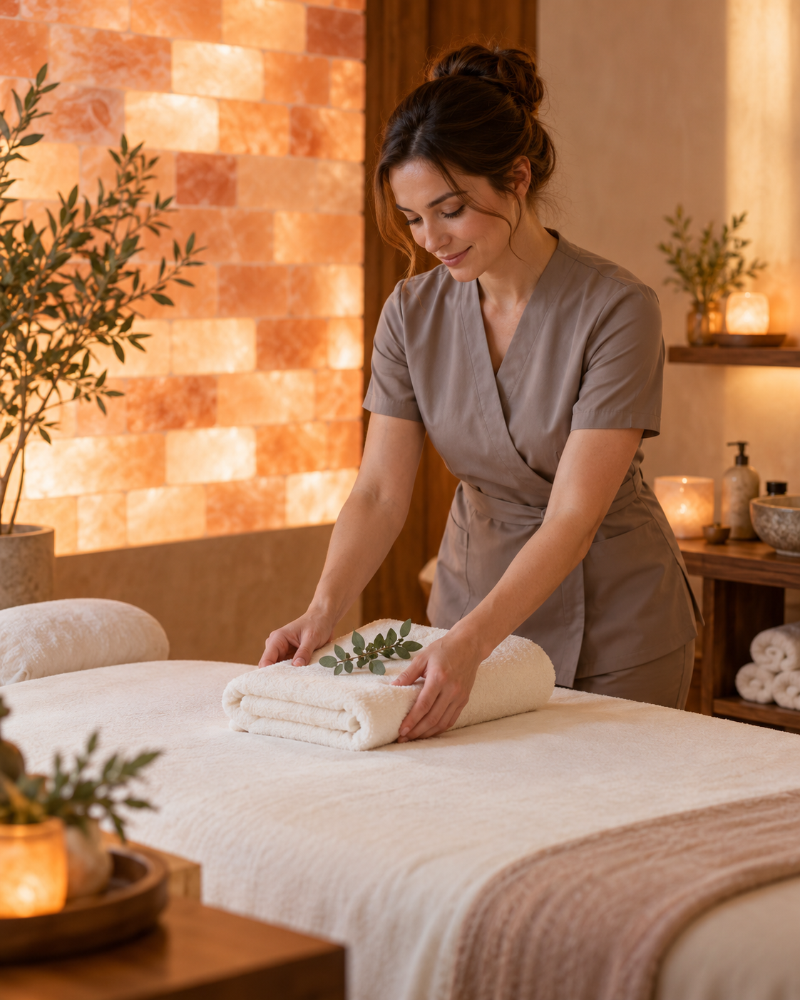 Spa therapist carefully preparing a towel for a treatment